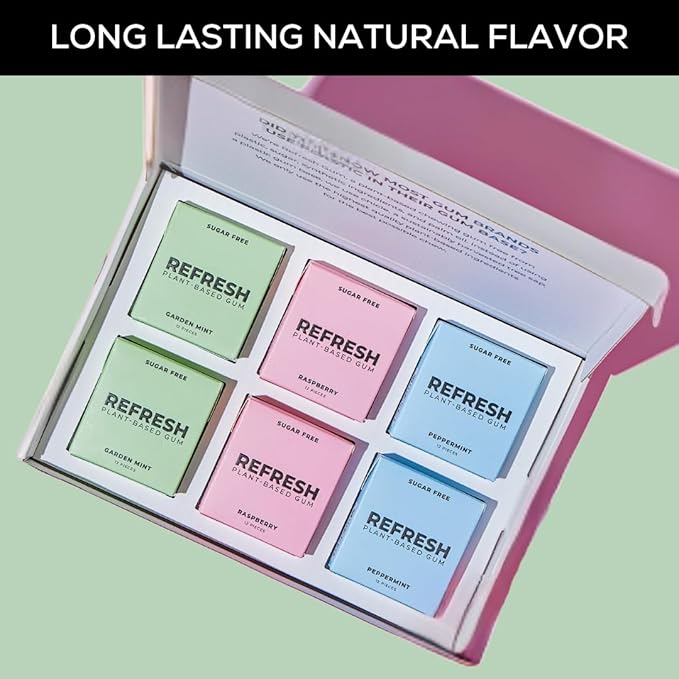 Refresh Gum, Xylitol, Natural, Sugar Free, Aspartame Free Chewing Gum, Plastic Free, Natural Flavors & Organic Ingredients, Plant-Based, Non GMO, Peppermint, Garden Mint & Raspberry Variety Pack, 12 Pcs, 6 Pack