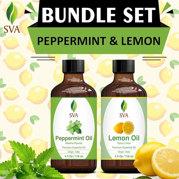 SVA Peppermint Essential Oil and Lemon Essential Oil 4oz Bundle Super Saver Combo – Premium Grade Value Set for Aromatherapy, Scalp Massage, Hair Care, Skin & Body