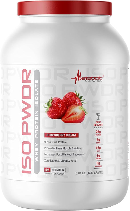 Metabolic Nutrition Whey Protein Isolate ISO PWDR Strawberry Cream, 3.04lb, 23 Servings, 26g Protein, Fast Digesting, Zero Carbs, Delicious Flavor, Very Low Carbs & Fat, Zero Lactose
