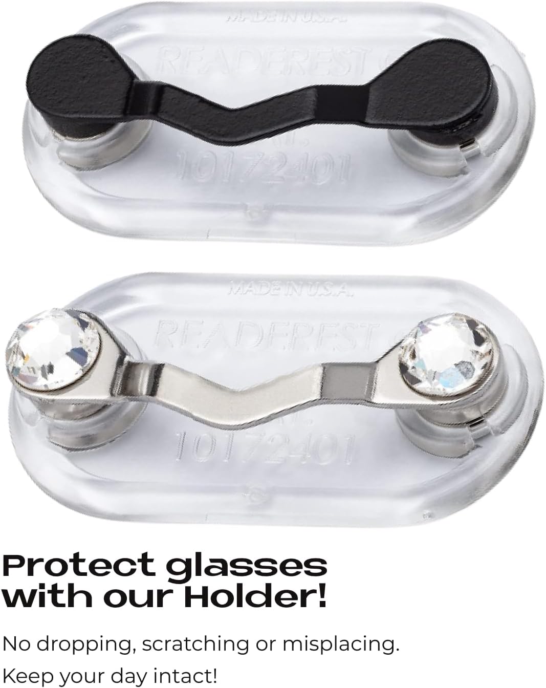 Readerest Magnetic Glasses Holders (2 Pack), Secure Clip for Reading Eyeglasses, Sunglasses & Work Badges, Glasses Holders for Men & Women, USA Made (Black & Stainless Steel + Crystals)