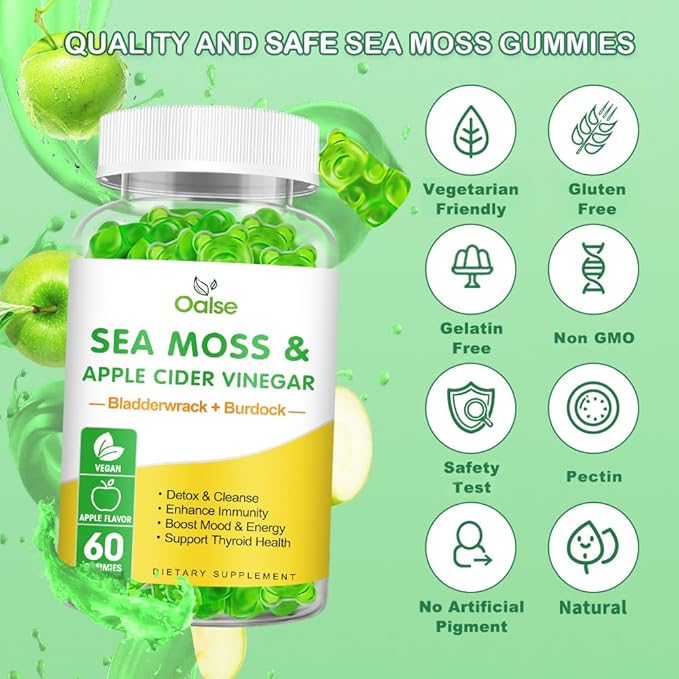 Sea Moss Gummies -Apple Cider Vinegar, Bladderwrack, Burdock Root - Supports Immune Health,60 Ct