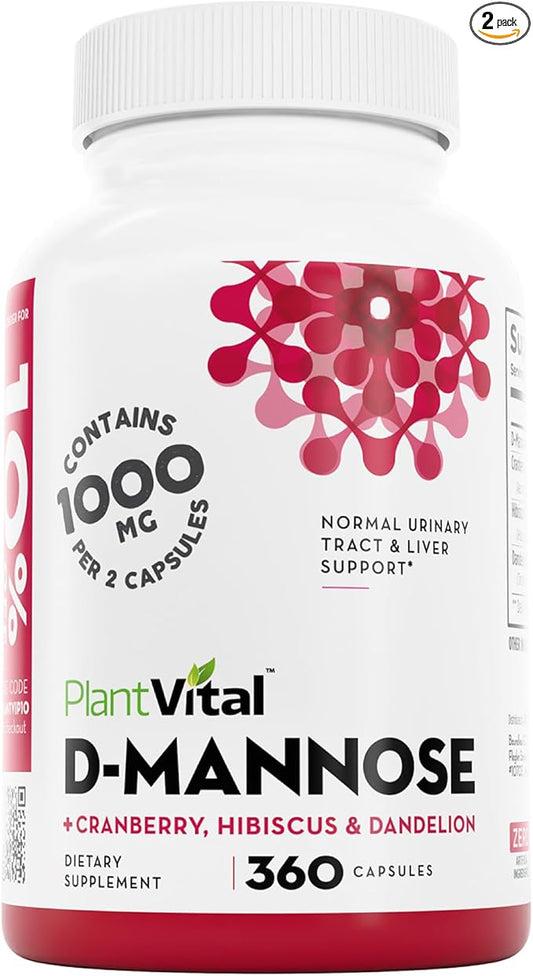 Plantvital D Mannose Capsules with Cranberry - D-mannose 1000mg Capsules - High Potency for Bladder, Kidney and Urinary Tract Support. Cranberry Powder with Hibiscus and Dandelion. 6 Months Supply