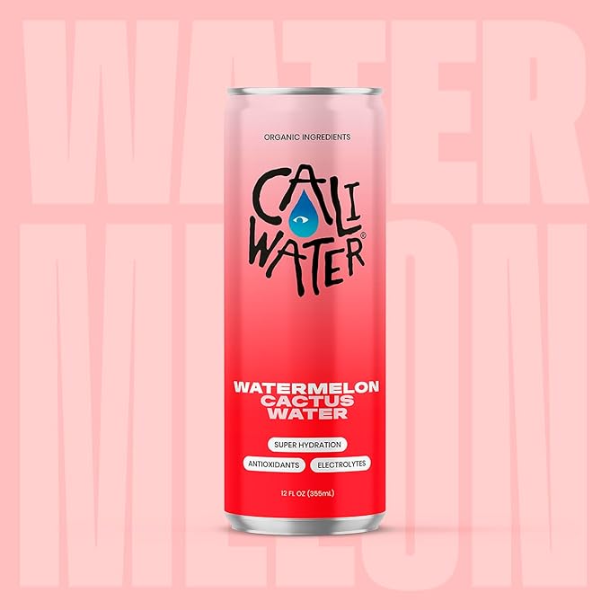 Caliwater - Organic Cactus Water - Watermelon - 5g Sugar, 35 Calories - Half Sugar of Coconut Water - Natural Plant Based Hydration - Skin Care, Electrolyte Drinks - Flavored Water Beverages - 12 Cans