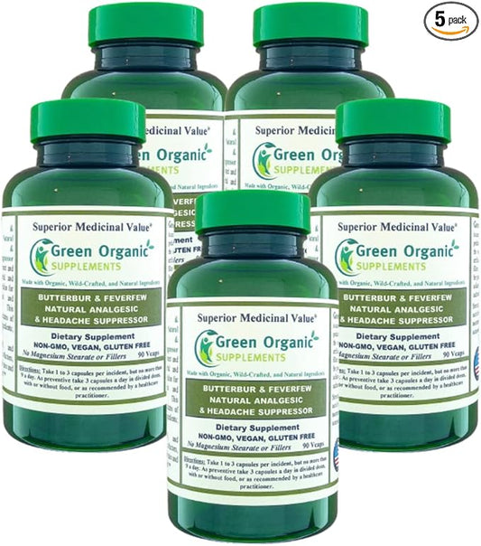 Butterbur, Feverfew, Analgesic, Painkiller, & Headache Suppressor, 90 VCaps, High Absorbable, Non-GMO, Gluten-Free (Pack of 5)