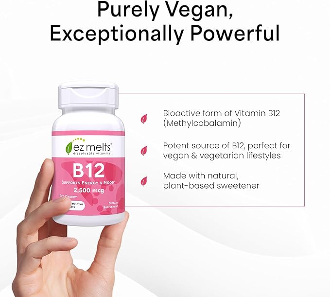 EZ Melts B12 Sublingual Vitamin 2,500 mcg, Methylcobalamin, Sugar-Free, 3-Month Supply - 1 Pack