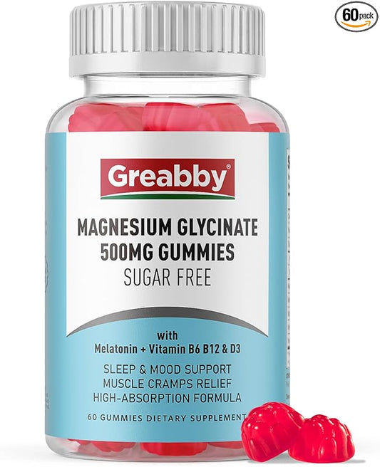 Magnesium Glycinate Gummies 500mg for Adults Sleep Support, Chewable Magnesium Gummies for Women & Men, Muscle Relief & Magnesium Supply (60 Gummies)