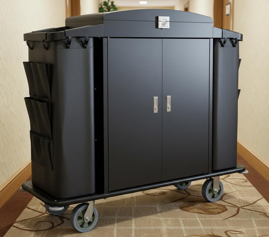 Heavy Duty Metal Housekeeping Janitorial Cart with Wheels,Silent Casters,Locking Large Capacity Cabinets,Cleaning cart for Housekeeping/Commercial Facility/Hotel/Stadium/School