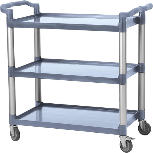 3-Tier Service Cart，3-Shelf Rolling Push Cart with Wheels，360 LBS Heavy Duty Utility Cart for Restaurant, Office, Kitchen & Hotel ，Grey