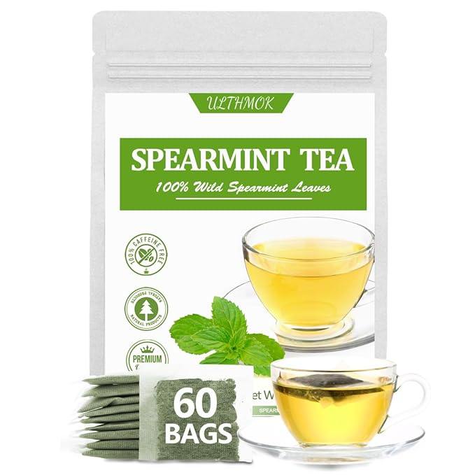 Premium 60 Spearmint Tea Bags, Made with 100% Pure Natural Spearmint Leaves, Caffeine Free & No Additives.