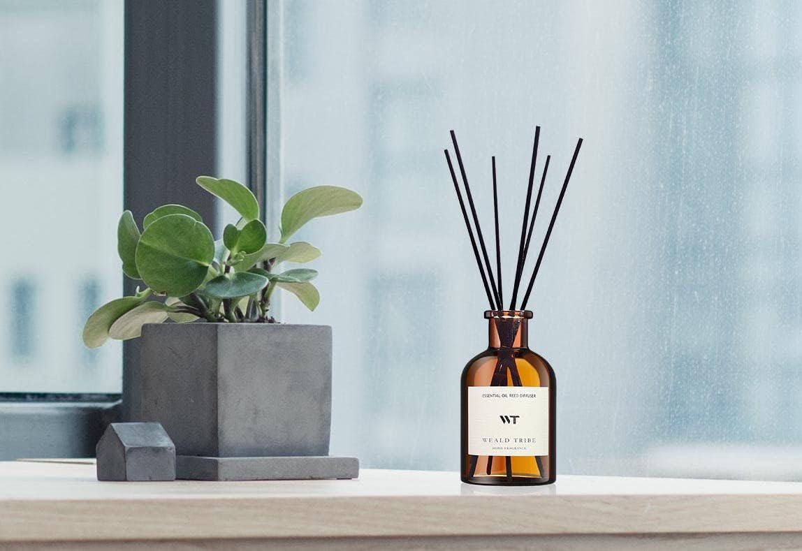 WEALD TRIBE Bamboo Scent Flower Reed Diffuser Set for Bathroom Air Fresheners, Oil Diffuser Sticks | 4.0 fl oz Home Fragrance with Sticks Defusers | House Bedroom Office Shelf Decor