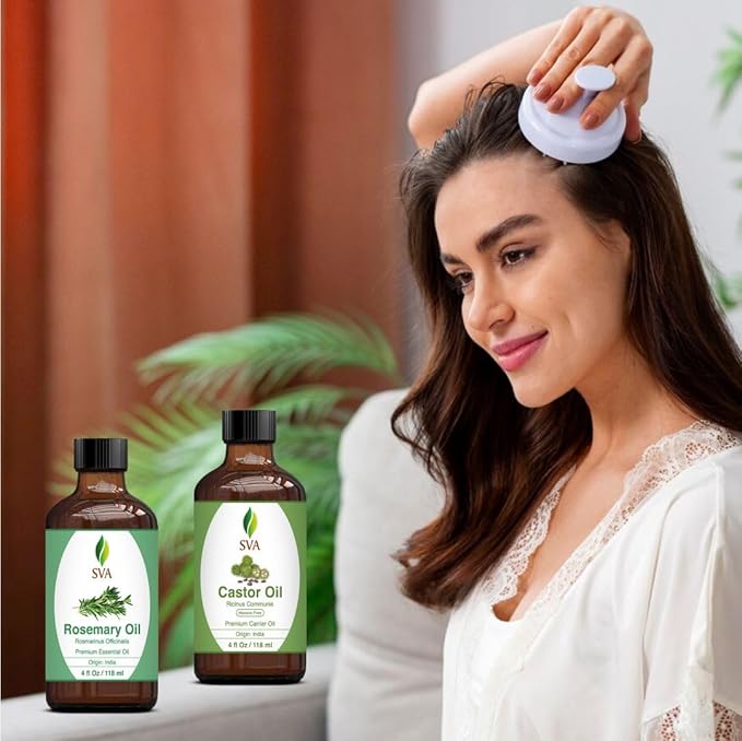 SVA Rosemary Essential Oil 4oz and Castor Oil 4oz Bundle Super Saver Combo – Premium Grade Value Set for Hair Oiling, Scalp Massage, Hair Care, Skin Care and Body Massage