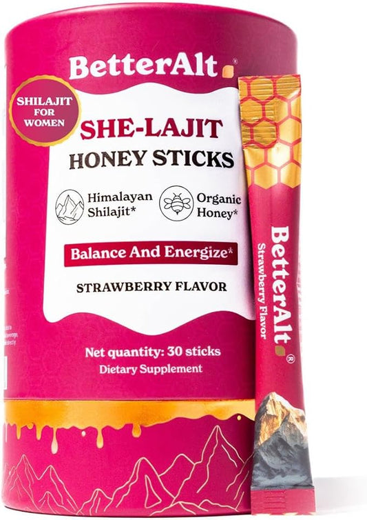 SHE-Lajit Strawberry Honeysticks | Shilajit for Women - Shatavari & Saffron for hormonal Balance & Energy | Tasty Shilajit Honeysticks with Pure Himalayan Shilajit | 30 Sticks