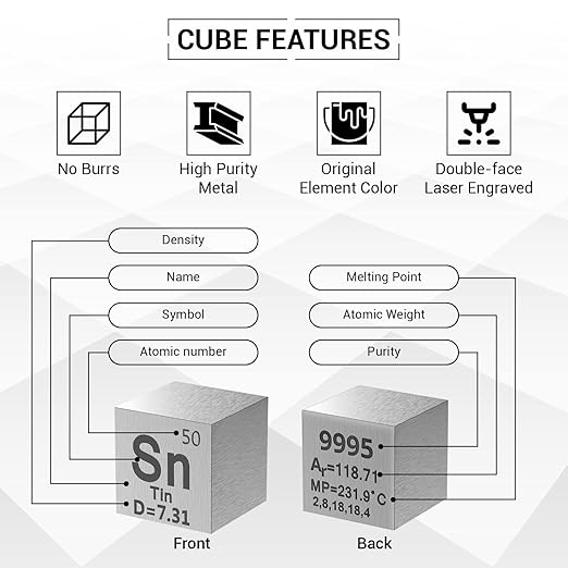 Tin Cube - Metal Element Cubes - Laser Engraved Density Cube Set for a Periodic Table of Elements Collection - (Tin, 10mm)