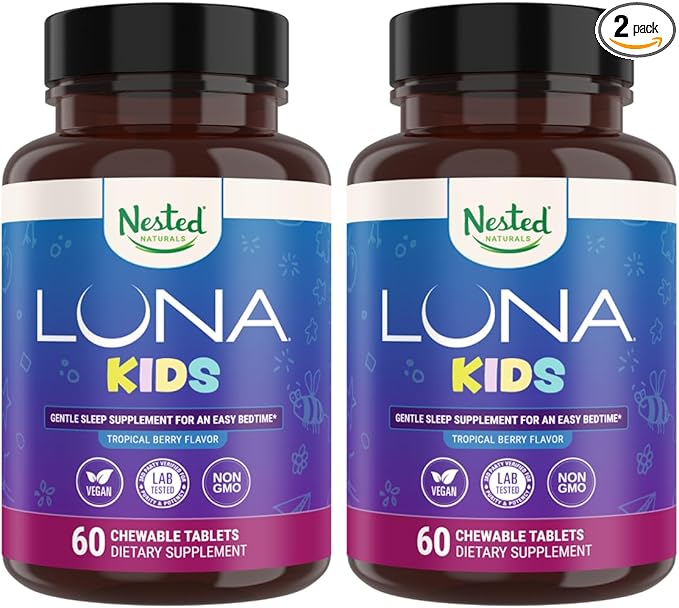 Nested Naturals Luna Kids Sleep Aid Tablets for Children 4+ - Naturally Sourced Ingredients - Gentle, Herbal Supplement with Chamomile, Melatonin, Valerian & Lemon Balm - 120 Chewable Tablets