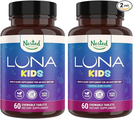 Nested Naturals Luna Kids Sleep Aid Tablets for Children 4+ - Naturally Sourced Ingredients - Gentle, Herbal Supplement with Chamomile, Melatonin, Valerian & Lemon Balm - 120 Chewable Tablets
