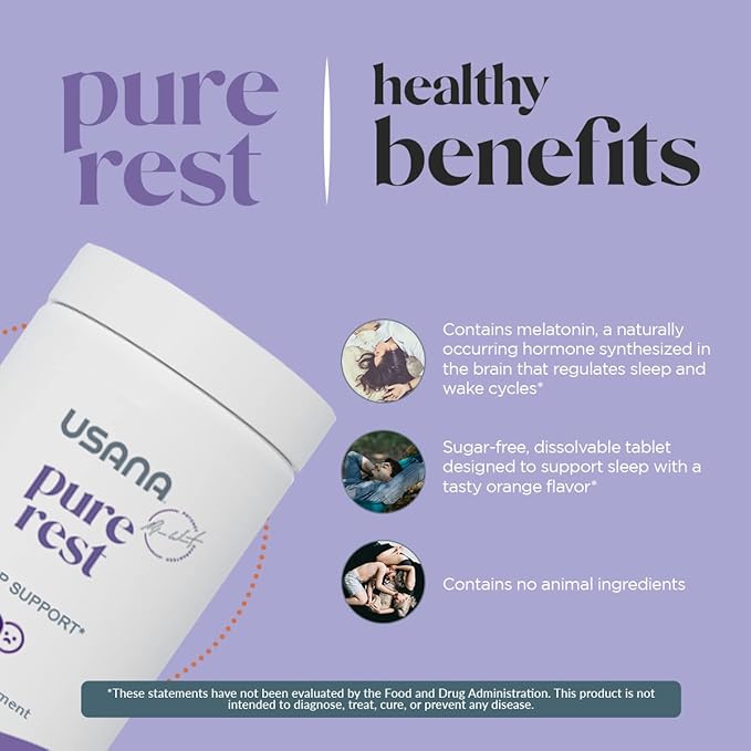 USANA Pure Rest Melatonin Supplement for Sleep Support* – Fast Acting – Sugar Free - 56 Tablets