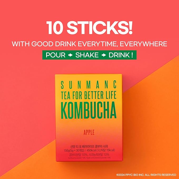 SUNMANC Kombucha 10 packets, Sparkling Probiotic Fermented Drink, Convenient Powdered Drink Mix, Tea Powder, Low Calories, Sugar 0g, Low Caffeine (Apple)