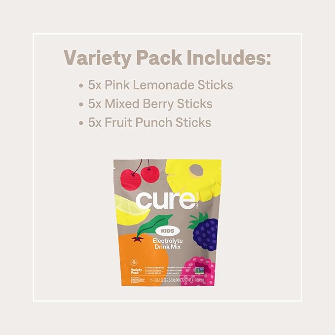 Cure Hydration - Kids Electrolyte Drink Mix | Plant-Based Pediatrician Formulated Rehydration | No Added Sugar, Non-GMO, Gluten-Free, No Artificial Flavors | 15 Packets - Variety Pack