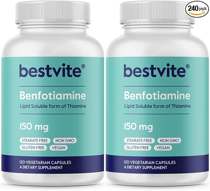 BESTVITE Benfotiamine 150mg (240 Vegetarian Capsules) (120x2) - No Stearates - No Silicon Dioxide - Vegan - Non GMO - Gluten Free