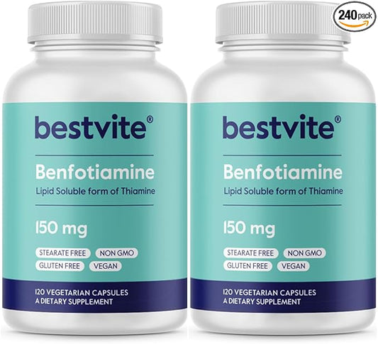 BESTVITE Benfotiamine 150mg (240 Vegetarian Capsules) (120x2) - No Stearates - No Silicon Dioxide - Vegan - Non GMO - Gluten Free
