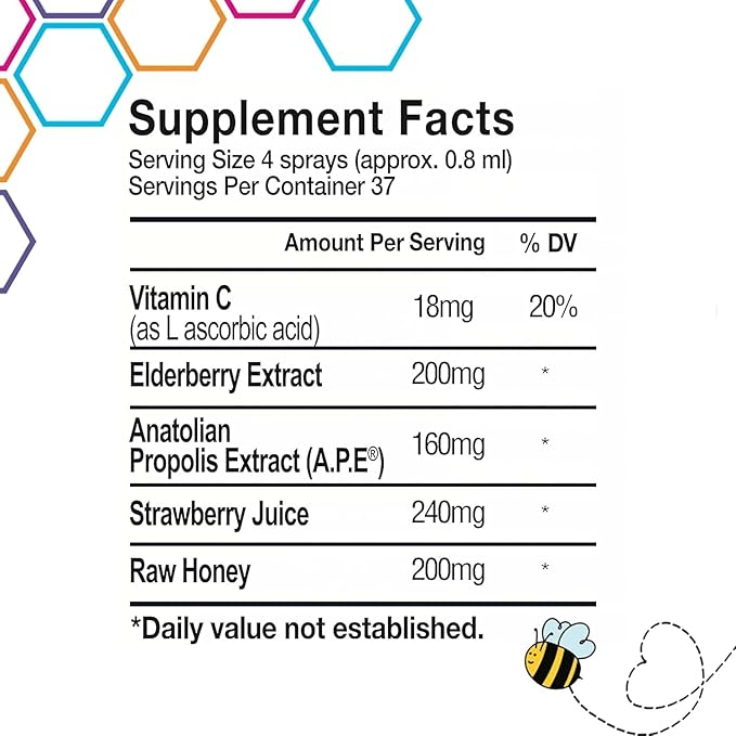 Bee and You, Kids Immune Support Supplement Throat Spray, Elderberry, Raw Honey, Propolis Extract, Vitamin C, Strawberry Juice, Antioxidants, Sore Throat Relief, 1 fl. Oz