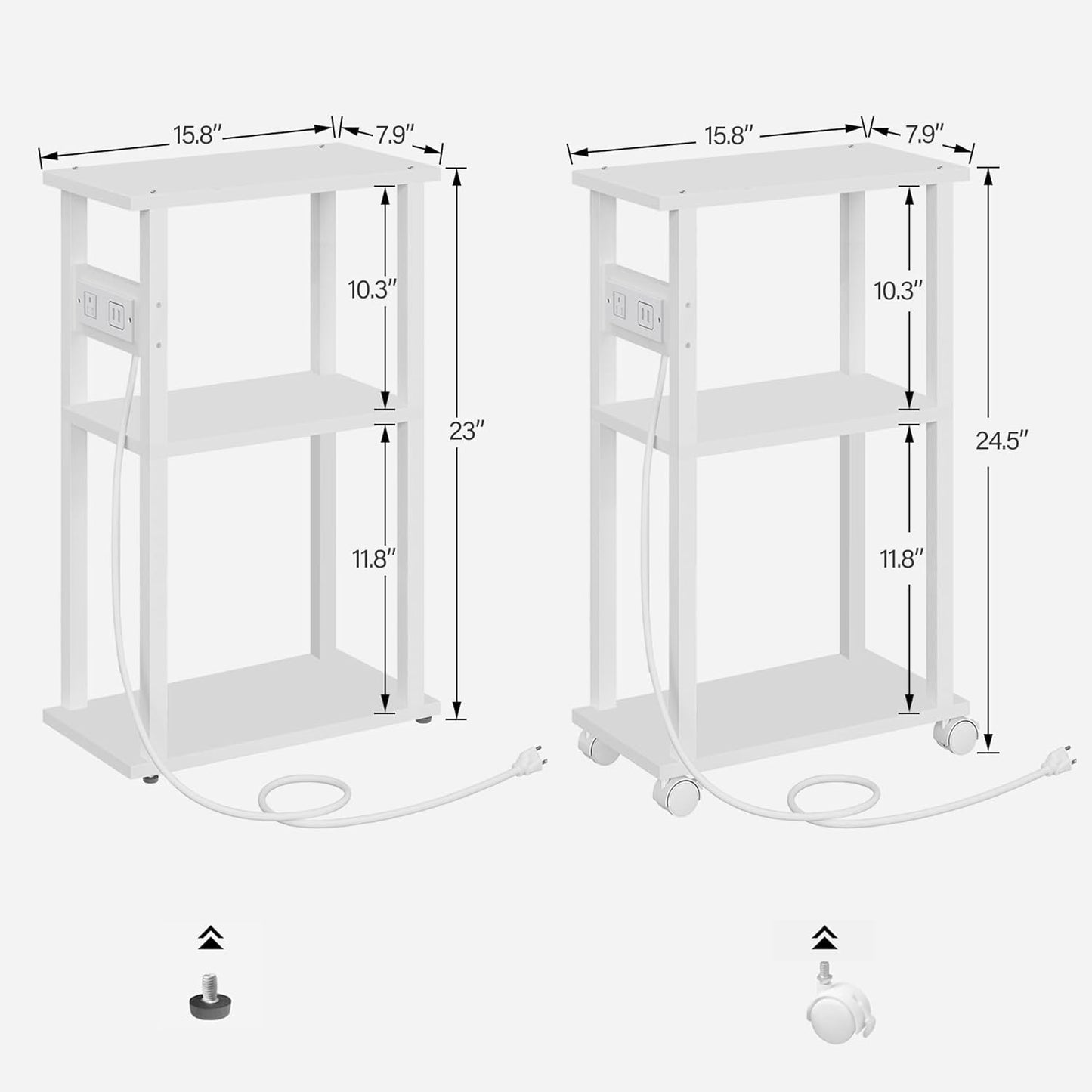 TUTOTAK Small Narrow Side Table with Charging Station, Skinny End Table for Small Spaces, Slim Nightstand with USB Ports and Outlet, Sofa Beside Table with Wheels, White TB01BW046