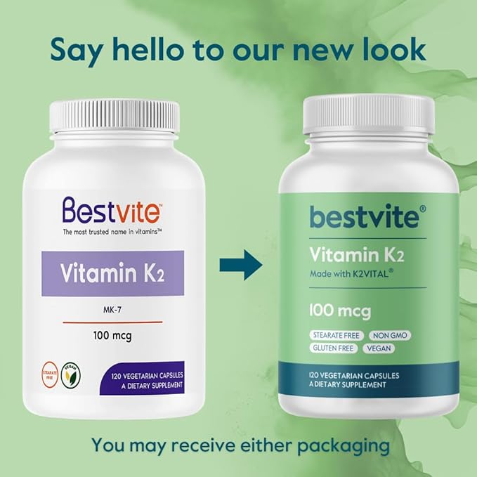 BESTVITE Vitamin K2 100 mcg as MK-7 (240 Vegetarian Capsules)(120x2) - No Stearates - Vegan - Non GMO - Gluten Free