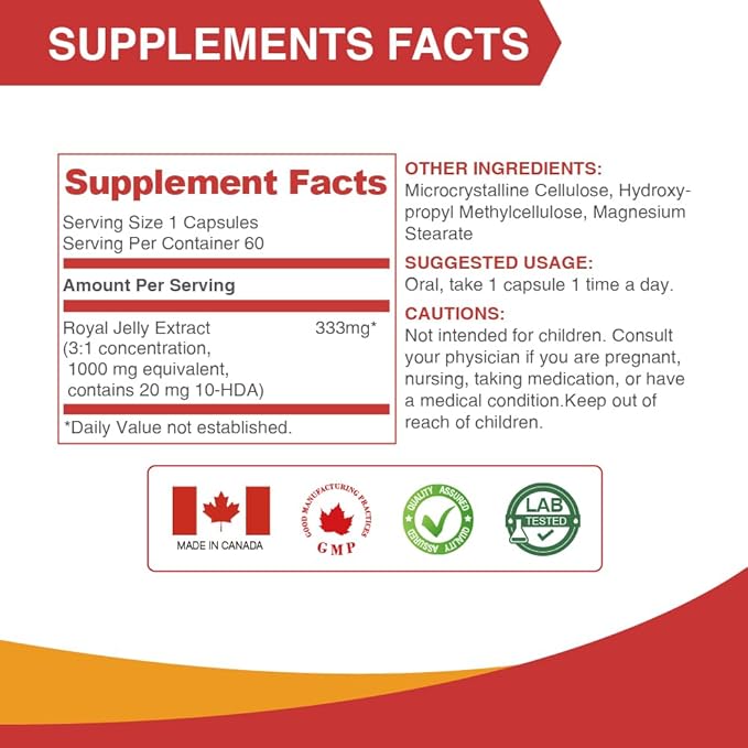Lovita Royal Jelly 333 mg, 3:1 Concentrate, with 20mg 10-HDA, Natural Source Super Food, Supports Skin Health & Energy Production, 60 Capsules (Pack of 3)