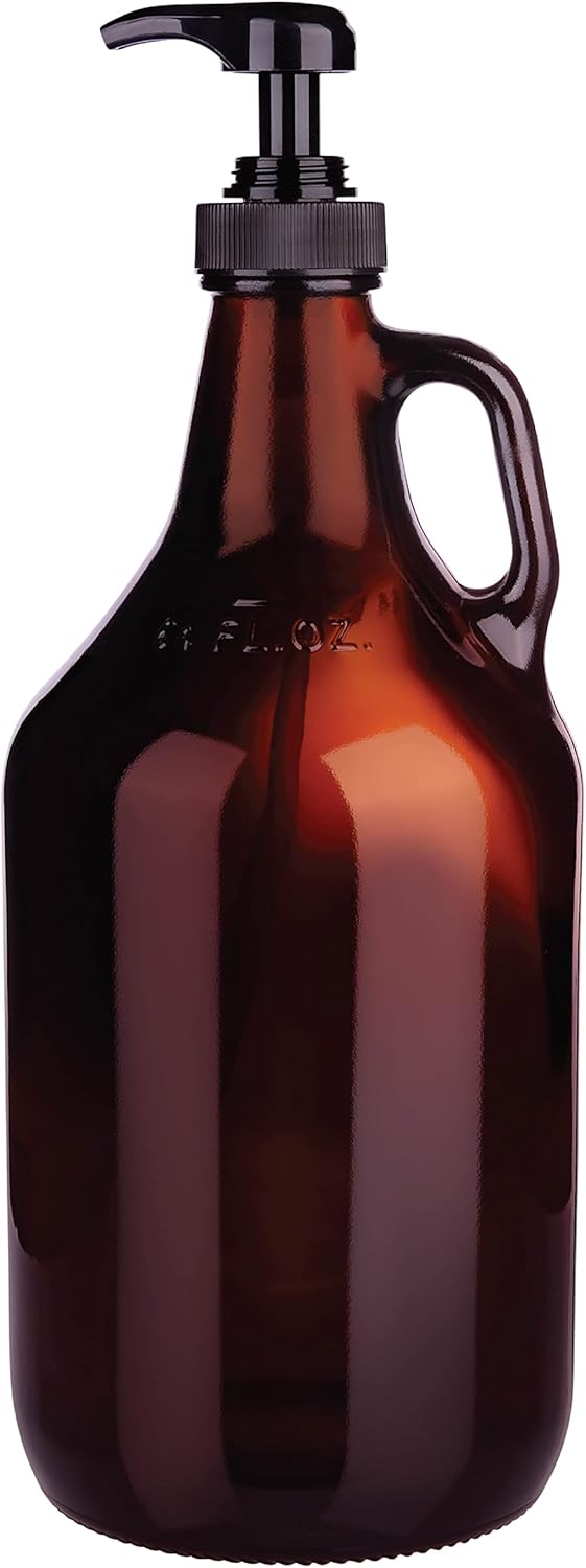 Large Amber Pump Bottle for Salons, Shampoo, Conditioner, Hair Serum, Gel - Half Gallon Glass Jug Pump Dispenser - 64 oz Capacity - Pack of 1- by Kitchentoolz