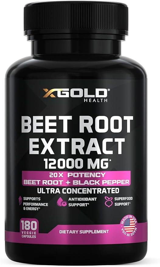 Beet Root Extract Capsules - 12000mg 20x Concentrated Beet Root Capsules Supplement w/Black Pepper - High Nitrates - Natural Nitric Oxide Booster - Highly Concentrated & Bioavailable -180 Veggie Caps