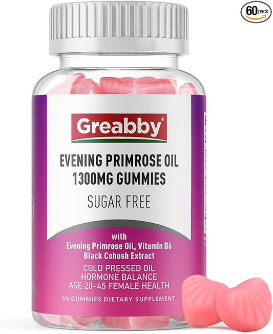 Evening Primrose Oil Gummies for Women, 1300mg with Black Cohosh & Vitamin B6, Sugar-Free, PMS Relief Supplements for Women 20-45, Support Skin Health, Strawberry Flavor, Vegan, Pectin, 60 Count