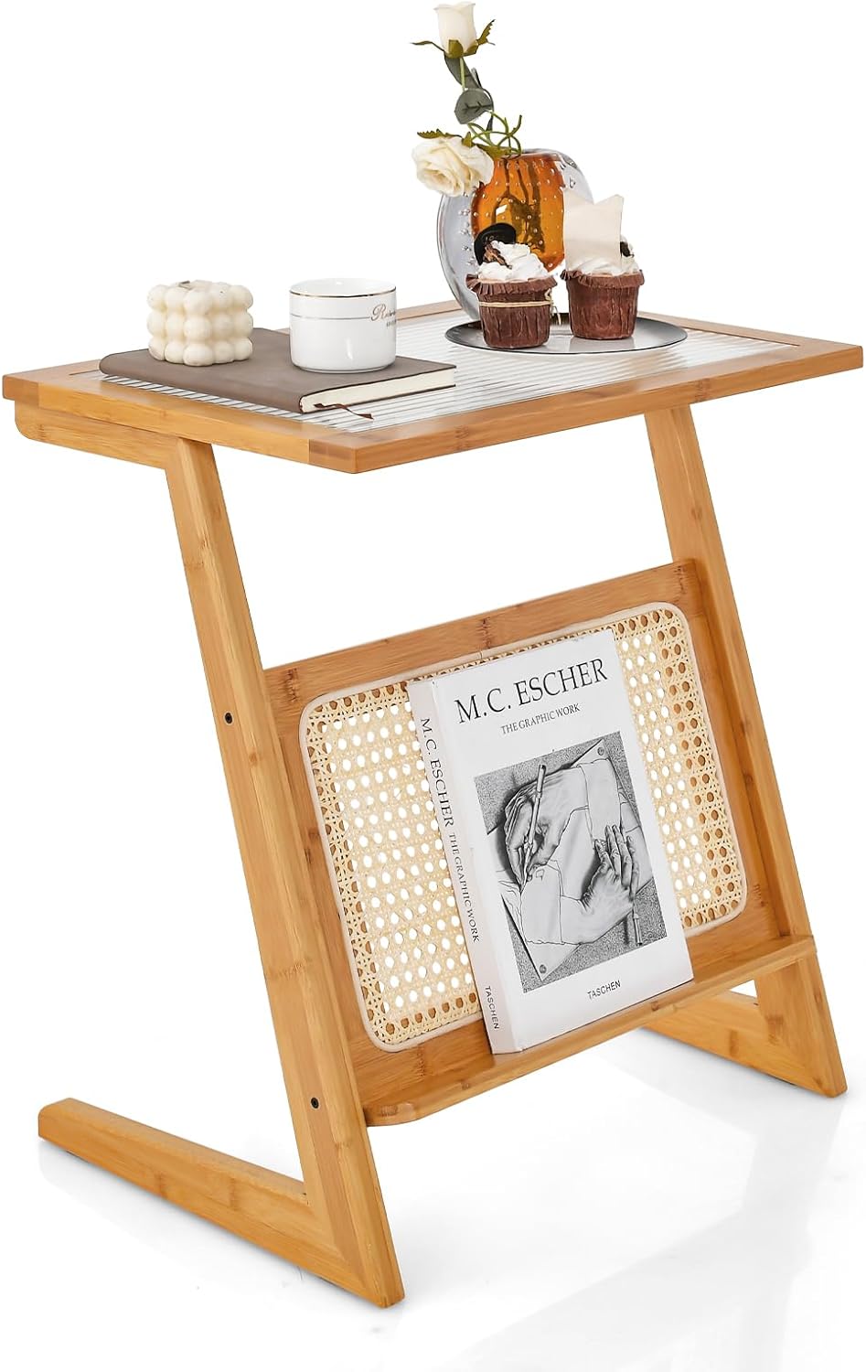GOFLAME Rattan Side Table, Z-Shaped End Table with Magazine Rack, Bamboo Sofa Side Accent Table with Glass Top, Small Boho Nightstand, Bedside Table for Small Space, Living Room, Bedroom