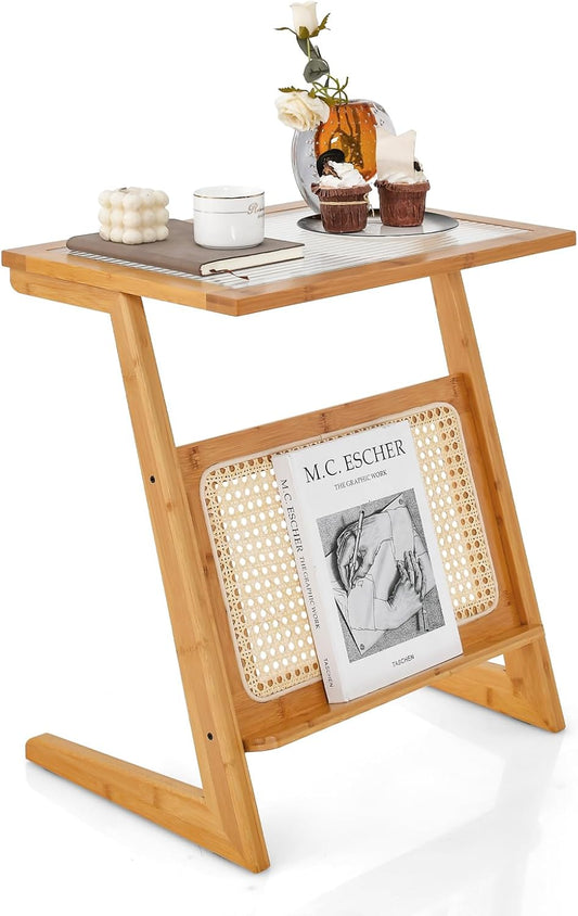 GOFLAME Rattan Side Table, Z-Shaped End Table with Magazine Rack, Bamboo Sofa Side Accent Table with Glass Top, Small Boho Nightstand, Bedside Table for Small Space, Living Room, Bedroom