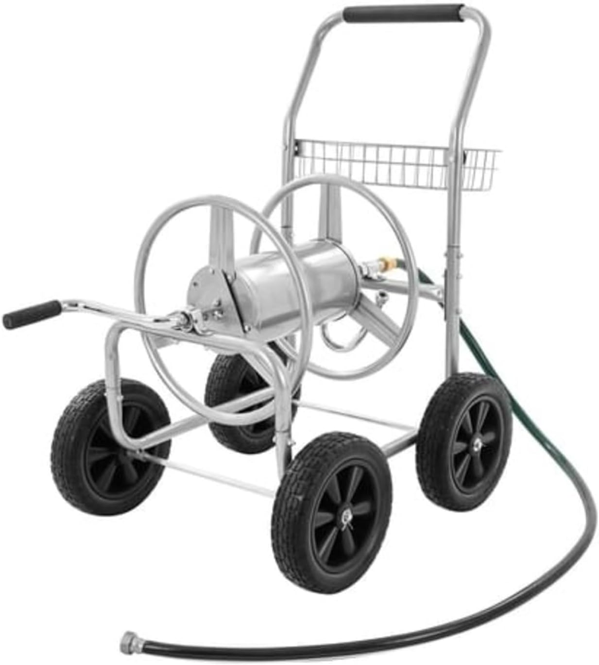 Garden Hose Reel Cart with Wheels – Cart with Wheels Heavy Duty Hose Reels for Outside Holds 250ft of 5/8” Hose, Mobile Tools Water Hose Carts w/Basket & Flexible Storage for Garden, Yard, Lawn