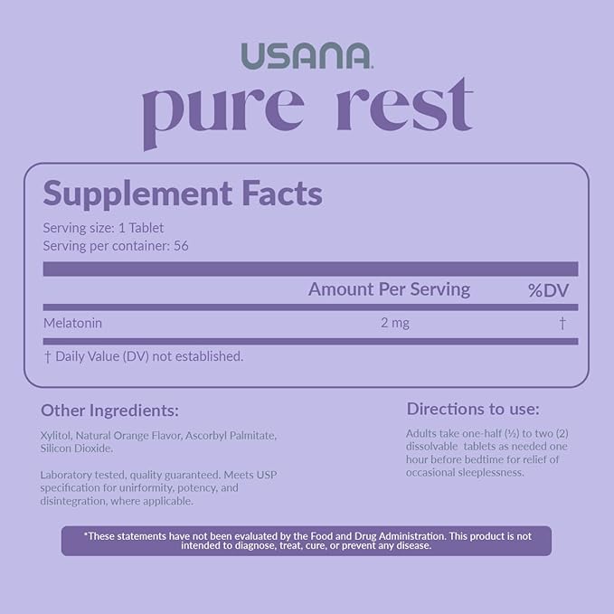 USANA Pure Rest Melatonin Supplement for Sleep Support* – Fast Acting – Sugar Free - 56 Tablets