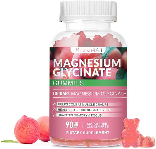 Magnesium Glycinate Gummies 1000mg, High Absorption Sugar Free Magnesium Potassium Supplement for Relaxation, Stress Relief, and Sleep Support for Adults & Kids - 90 Peach Gummies