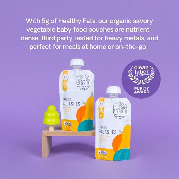 Serenity Kids 6+ Months USDA Organic Veggie Puree Baby Food Pouches | No Sugary Fruits or Added Sugar | Allergen Free | 3.5 Ounce BPA-Free Pouch | Squashes | 1 Count