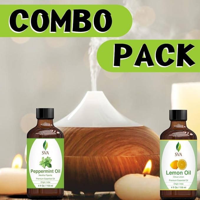 SVA Peppermint Essential Oil and Lemon Essential Oil 4oz Bundle Super Saver Combo – Premium Grade Value Set for Aromatherapy, Scalp Massage, Hair Care, Skin & Body
