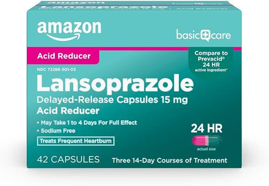 Amazon Basic Care Lansoprazole Delayed Release Capsules, 15 mg, Proton Pump Inhibitor, Acid Reducer, 24 Hour Heartburn Medicine, 42 Count Pack