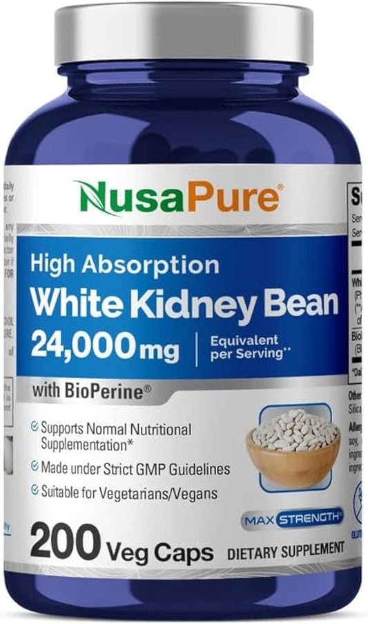NusaPure White Kidney Beans 24,000mg per Serving - Bioperine - Extract 30:1 (Vegan, Non-GMO)