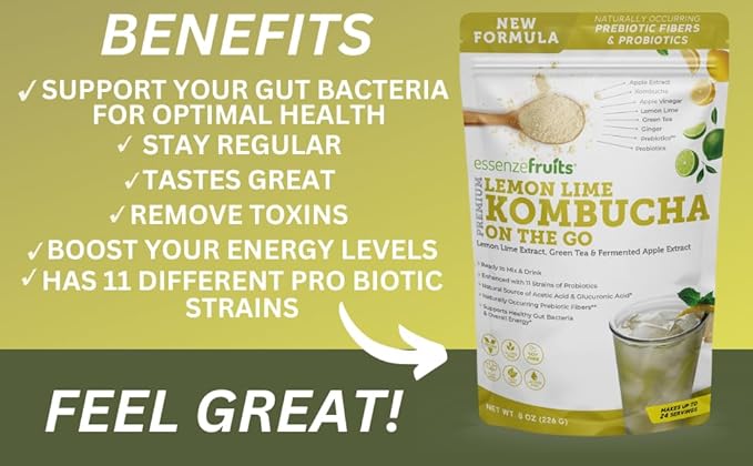 Essenzefruits Lemon Lime Ginger Kombucha Powder Tea Mix Beverage - Sugar Free, Fermented & Dried - Just Add Water! Live Probiotics & Prebiotic Blend, Vitamin C - Makes up to 30 Cups (8 Oz, 226g)