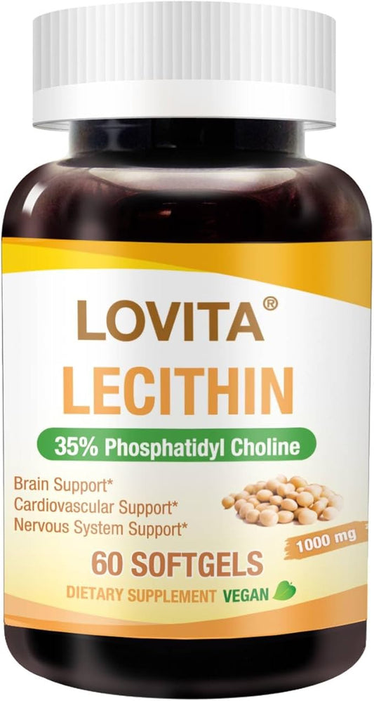 Lovita Lecithin, 1000mg per Softgel, 35% Phosphatidyl Choline | Lactation, Brain & Nerve Support | Vegan, Non-GMO, 60 Softgels