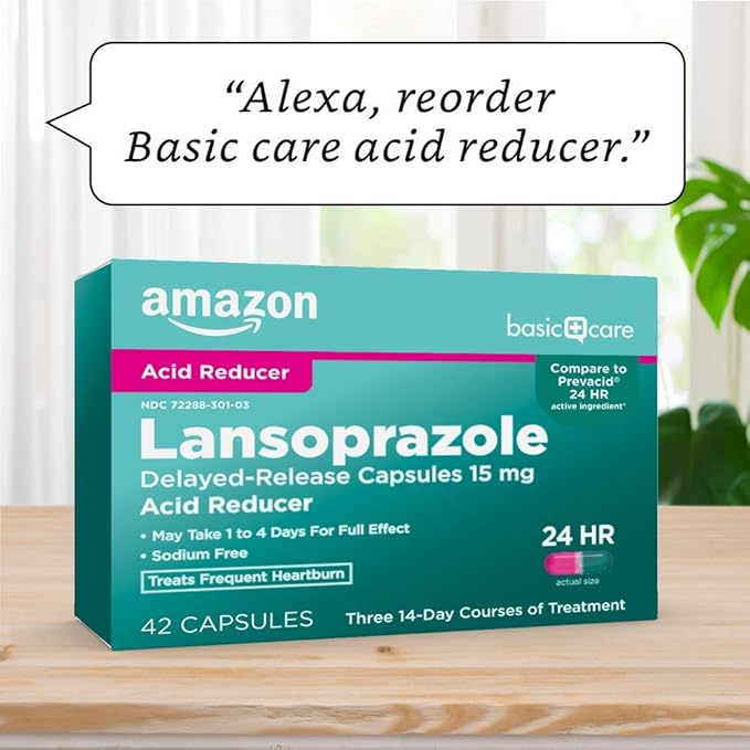 Amazon Basic Care Lansoprazole Delayed Release Capsules, 15 mg, Proton Pump Inhibitor, Acid Reducer, 24 Hour Heartburn Medicine, 42 Count Pack