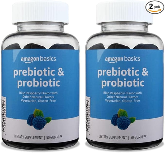 Amazon Basics Prebiotic & Probiotic Gummies, 2 Billion CFU, Blue Raspberry, 50 Count (2 per Serving) (Previously Solimo) (Pack of 2)