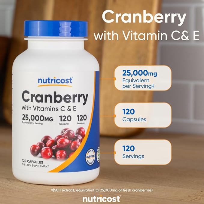 Nutricost Cranberry Extract (25,000mg) (120 Capsules) with Vitamin C & Vitamin E