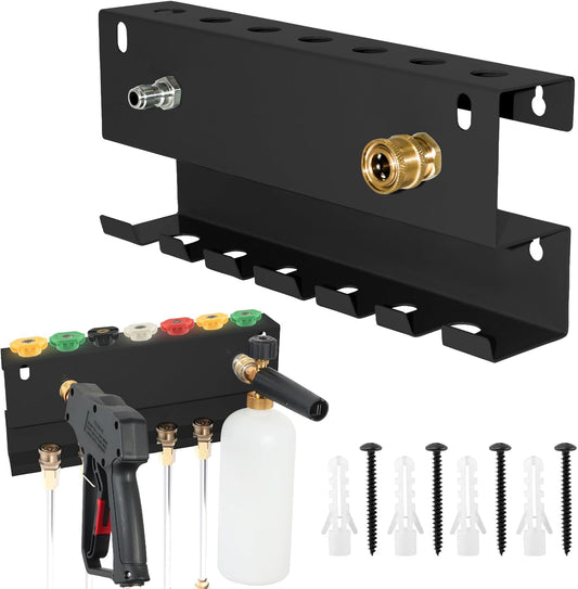 Wall Mounted Pressure Washer Gun & Foam Cannon Holder, Car Wash Accessories Storage Rack for Wand Extension and Nozzle Tips, Fits 1/4" Quick Connect, Black