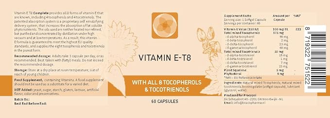 Unique Formula with All 8 Tocopherols and Tocotrienols Vitamin E– Contains no PAH’s, Heavy Metals, Contaminants or Preservatives - Certified Sustainable - Hair, Scars and Skin (60)