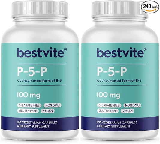 BESTVITE P-5-P 100mg (240 Vegetarian Capsules) (120 x 2) (CoEnzymated Form of B-6) - No Stearates - Vegan - Non GMO - Gluten Free