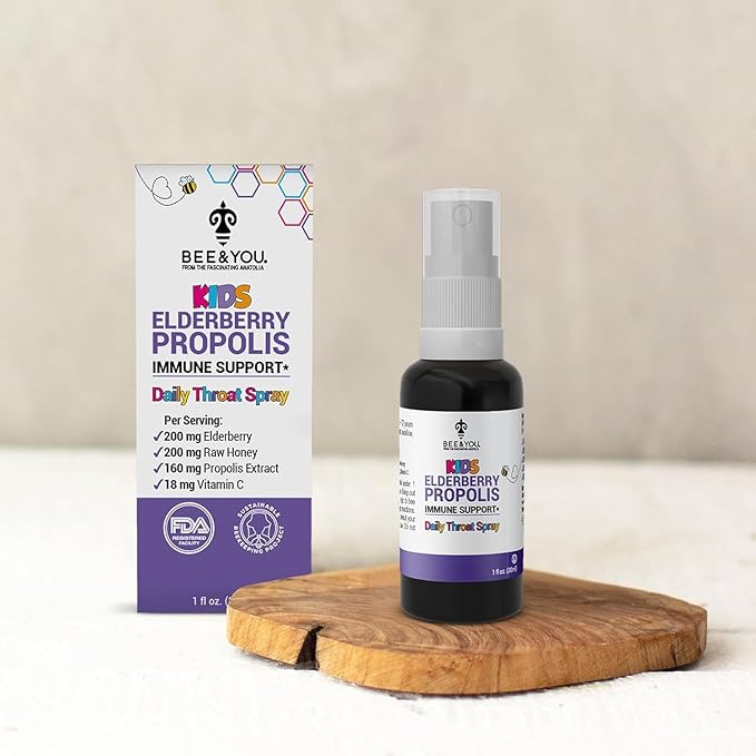 Bee and You, Kids Immune Support Supplement Throat Spray, Elderberry, Raw Honey, Propolis Extract, Vitamin C, Strawberry Juice, Antioxidants, Sore Throat Relief, 1 fl. Oz
