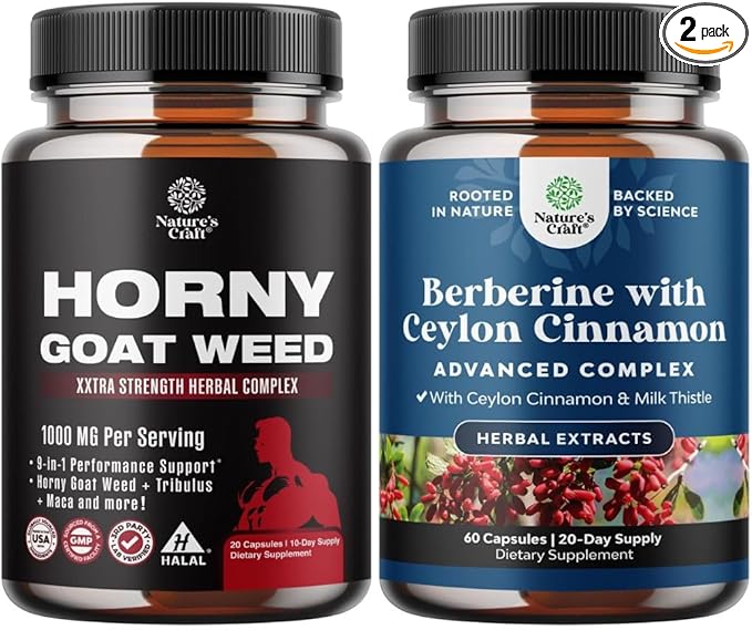 Bundle of Horny Goat Weed for Male Enhancement - Tongkat Ali Saw Palmetto Extract Panax Ginseng Black Maca Root for Stamina and Berberine with Ceylon Cinnamon - Heart Health and Sugar Support